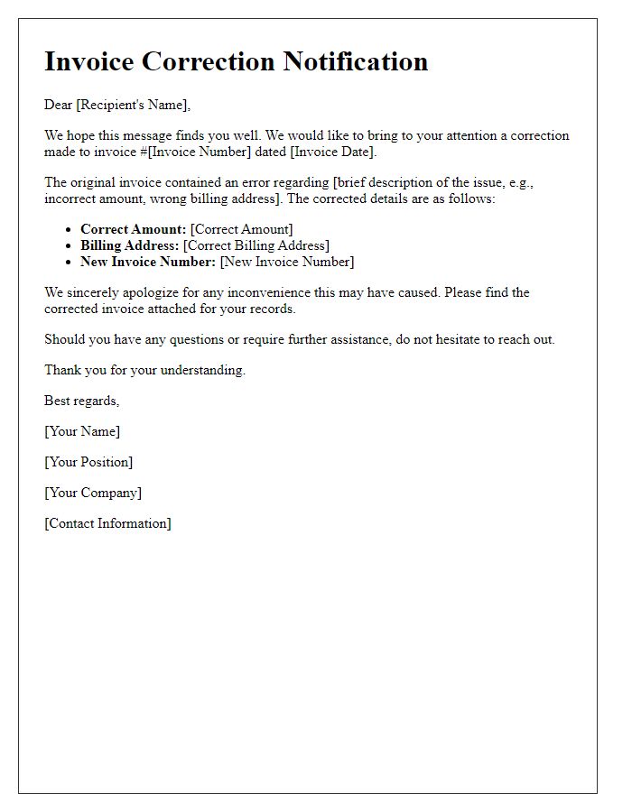 Letter template of invoice correction notification