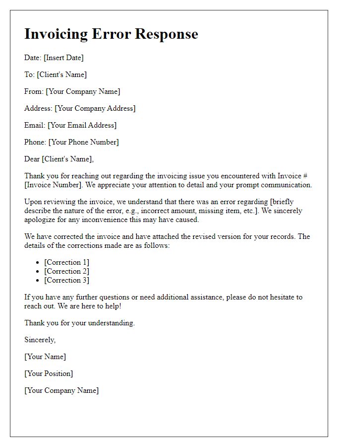 Letter template of invoicing error response