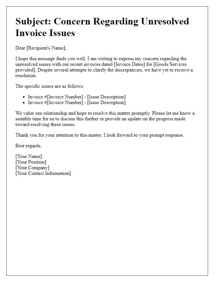 Letter template of concern regarding unresolved invoice issues