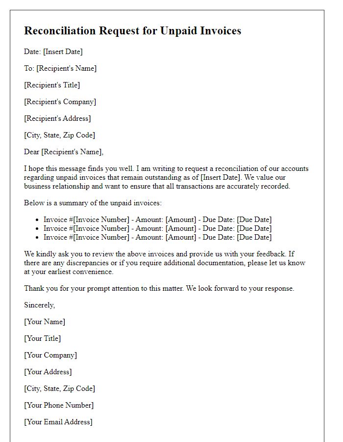 Letter template of reconciliation request for unpaid invoices