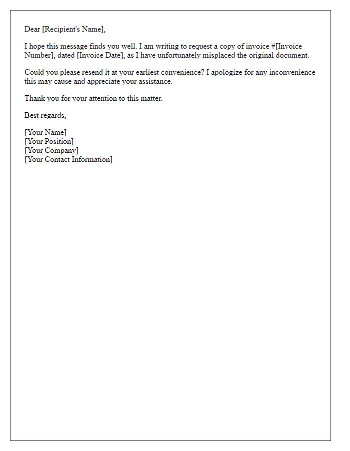 Letter template of request for resending a lost invoice