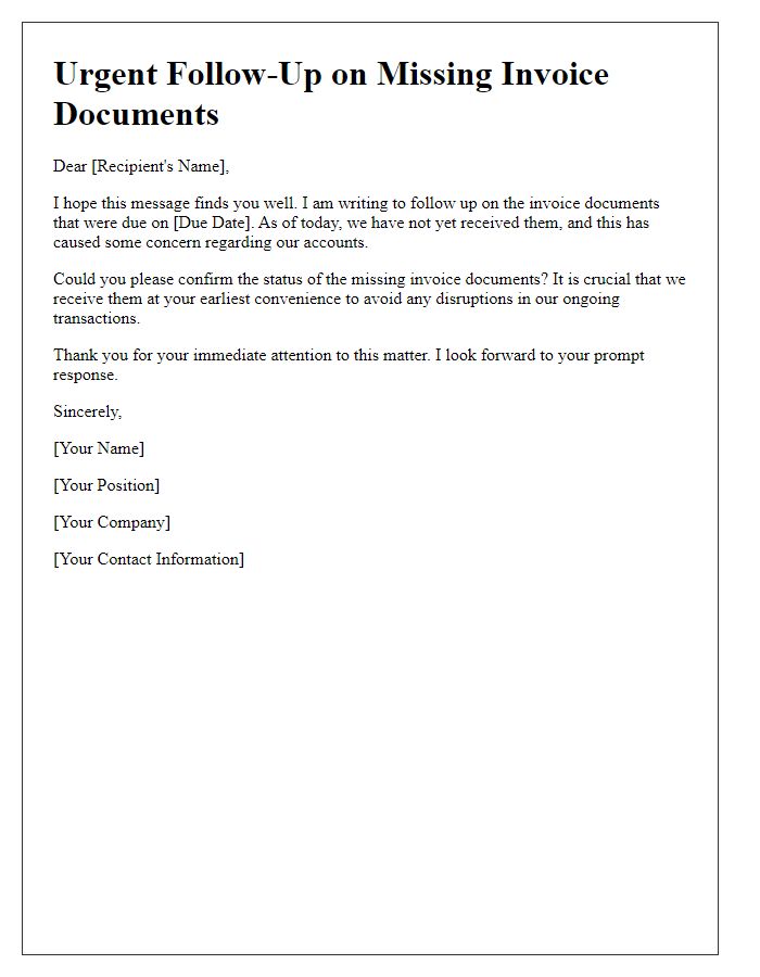 Letter template of urgent follow-up on missing invoice documents