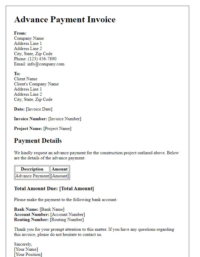 Letter template of advance payment invoice for construction projects.