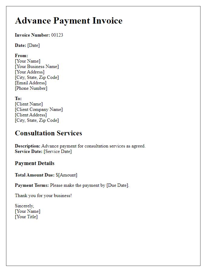 Letter template of advance payment invoice for consultation services.