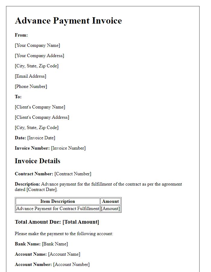 Letter template of advance payment invoice for contract fulfillment.