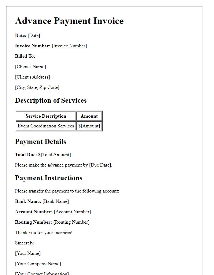 Letter template of advance payment invoice for event coordination.