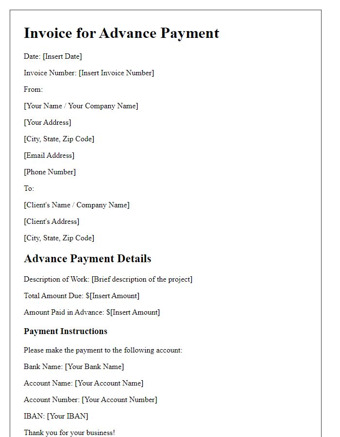 Letter template of advance payment invoice for freelance work.