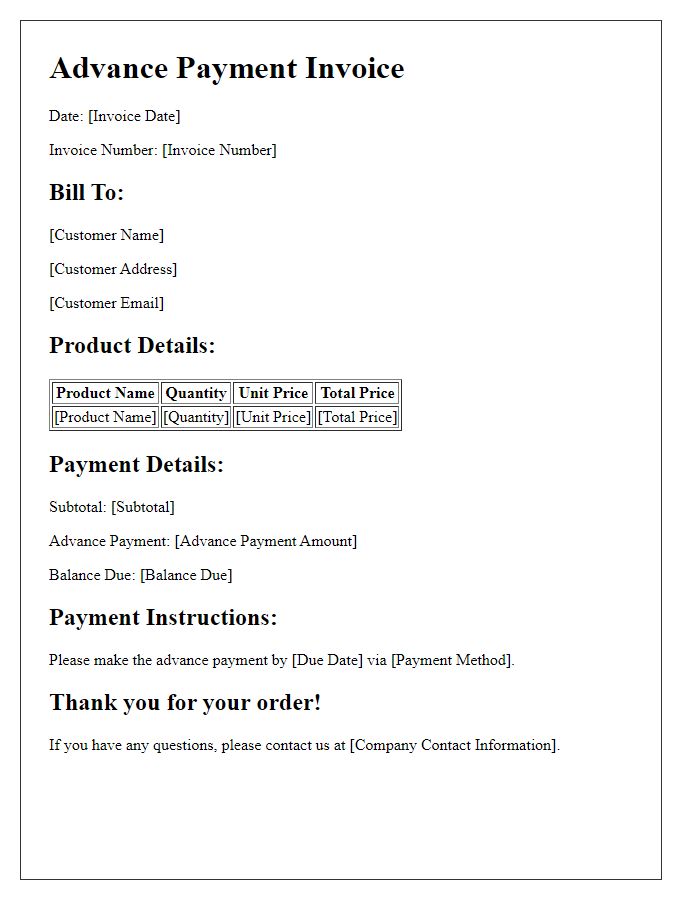 Letter template of advance payment invoice for product pre-order.