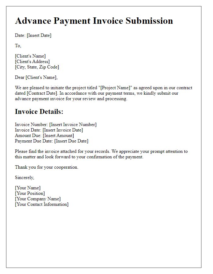 Letter template of advance payment invoice submission for project initiation.