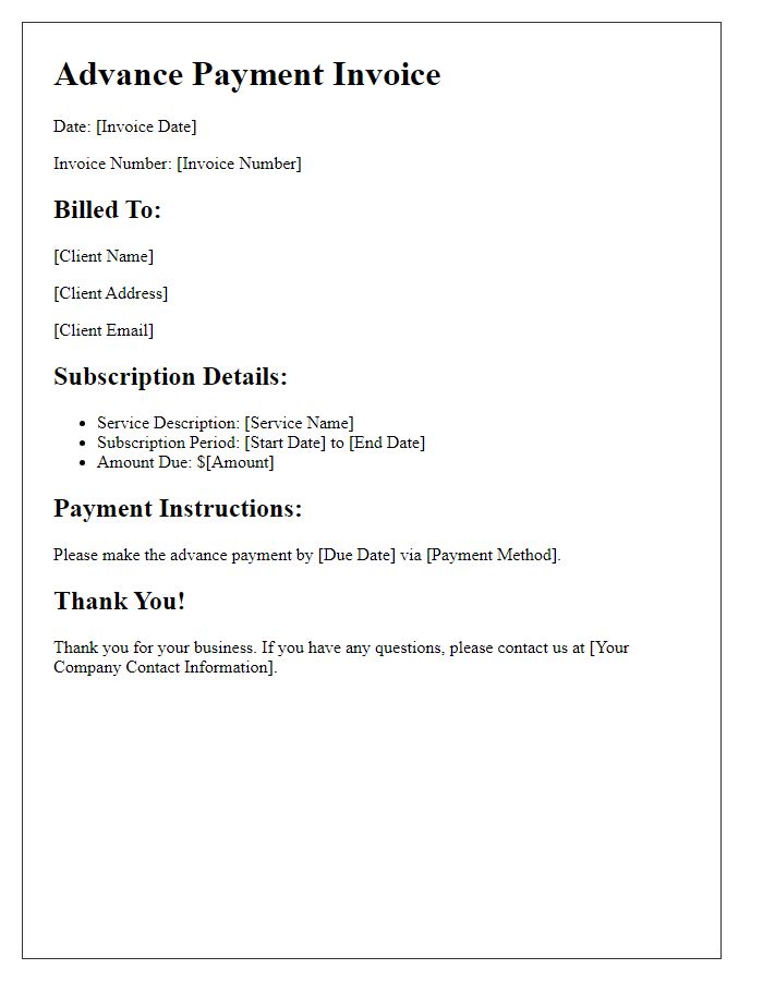 Letter template of advance payment invoice for subscription services.