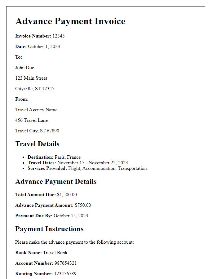 Letter template of advance payment invoice for travel arrangements.