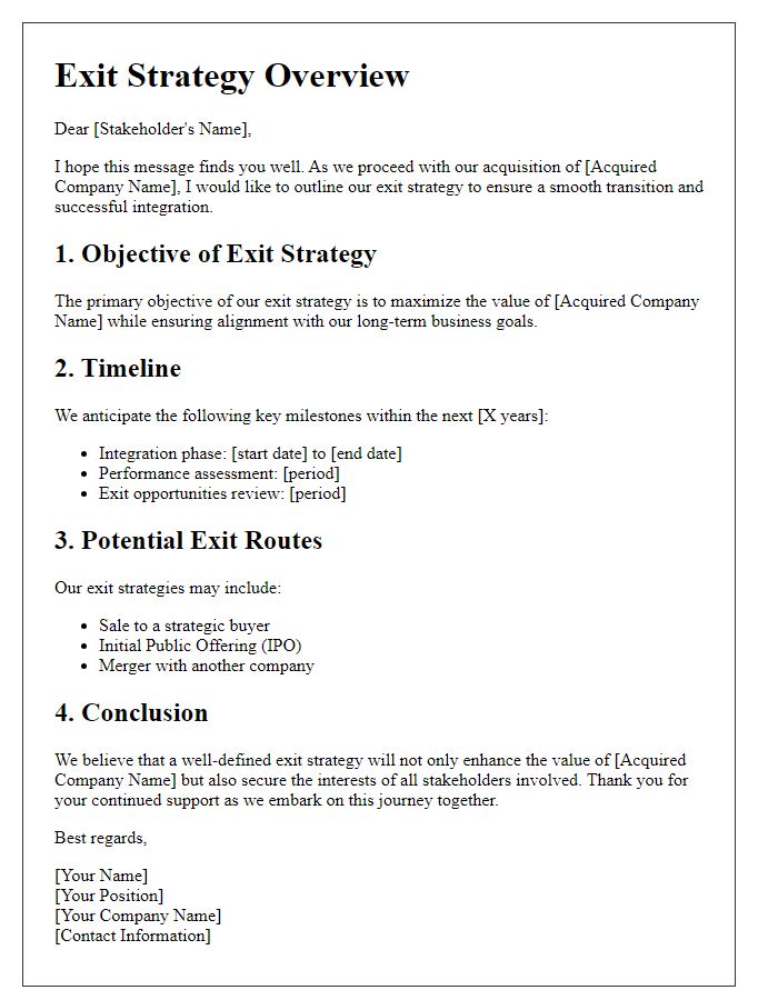 Letter template of exit strategy for acquired companies