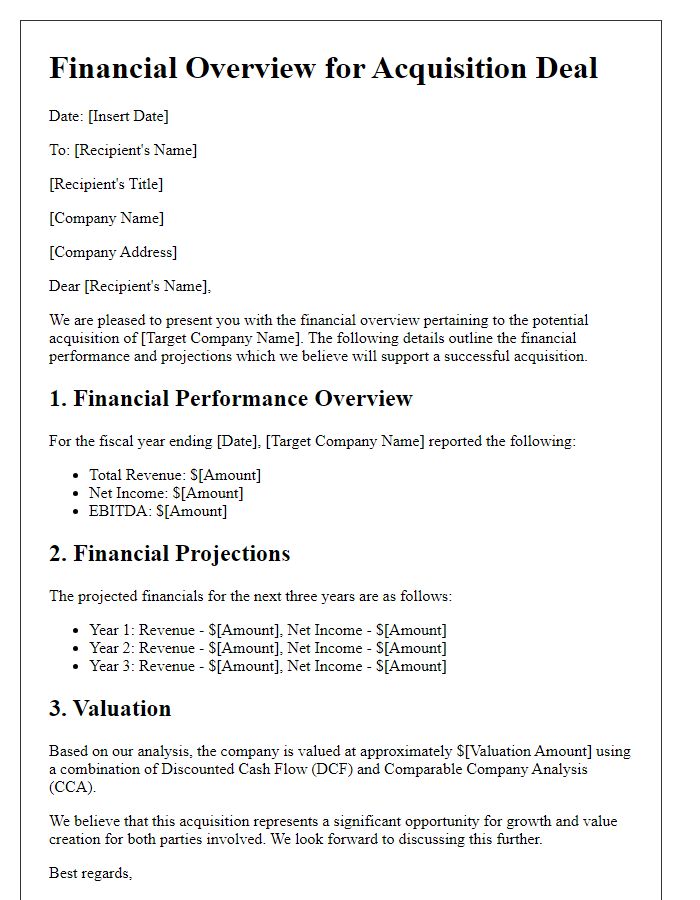 Letter template of financial overview for acquisition deal