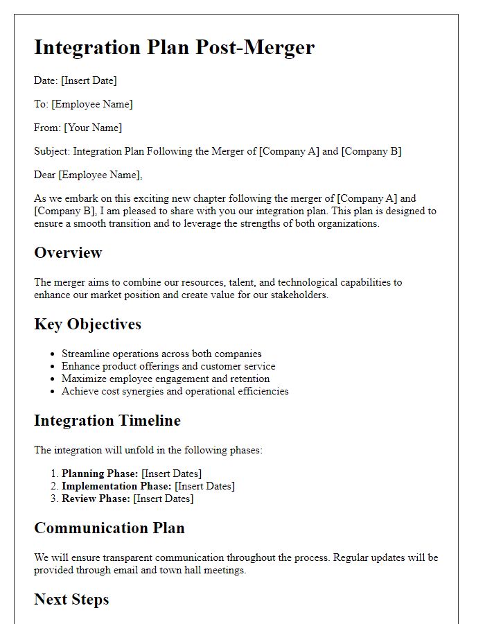 Letter template of integration plan post-merger