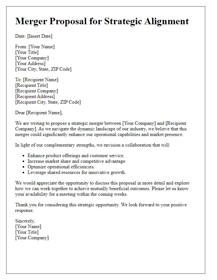 Letter template of merger proposal for strategic alignment