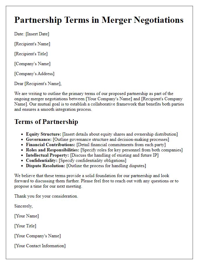 Letter template of partnership terms in merger negotiations