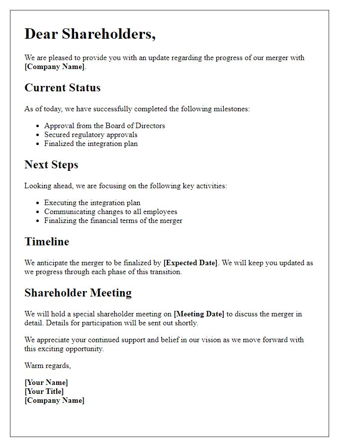 Letter template of shareholder update on merger progress