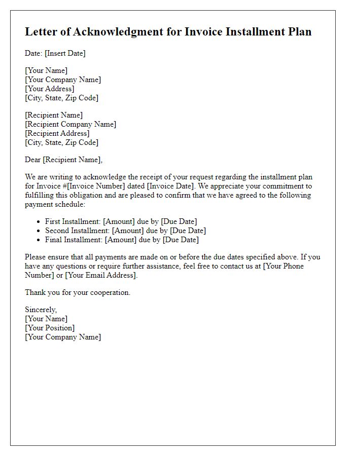 Letter template of acknowledgment for invoice installment plan