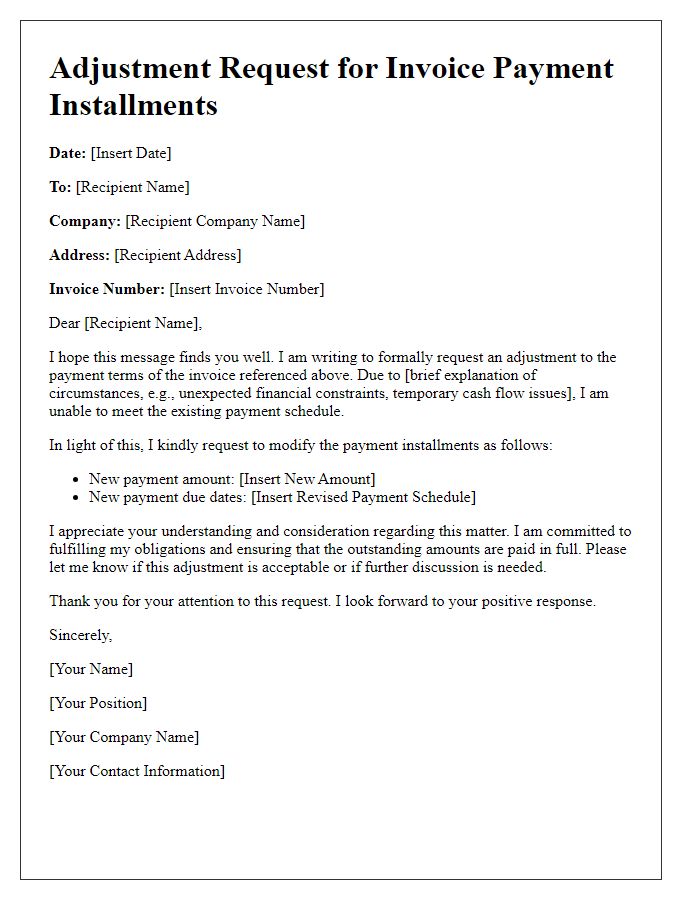 Letter template of adjustment request for invoice payment installments