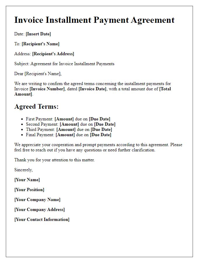 Letter template of agreed terms for invoice installment payments