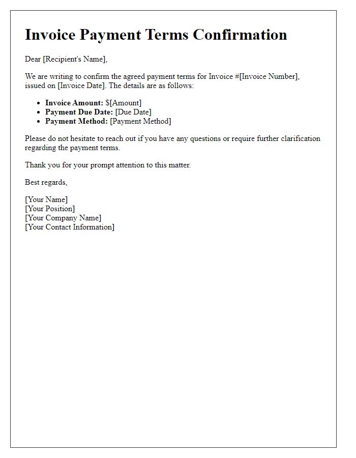 Letter template of confirmation for agreed invoice payment terms