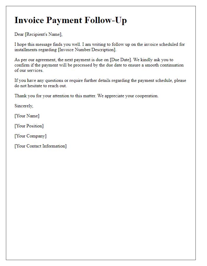 Letter template of follow-up on invoice installment payment schedule