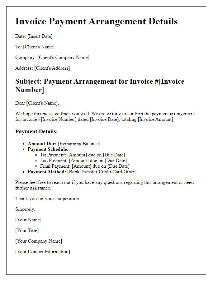 Letter template of invoice payment arrangement details