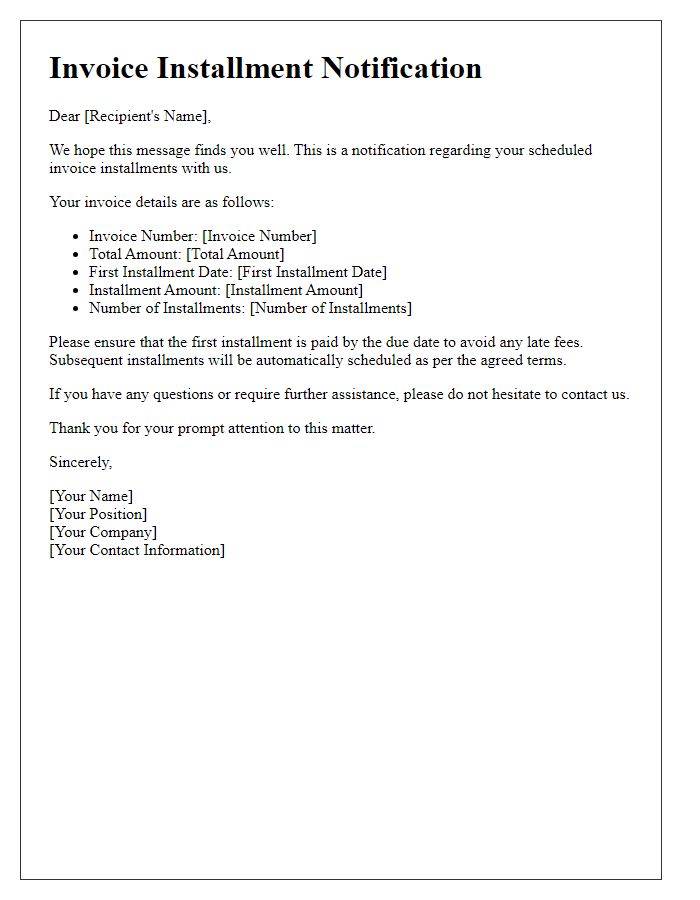 Letter template of notification for scheduled invoice installments