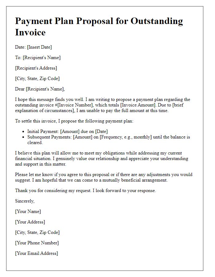 Letter template of payment plan proposal for outstanding invoice