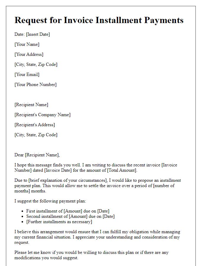 Letter template of request for invoice installment payments