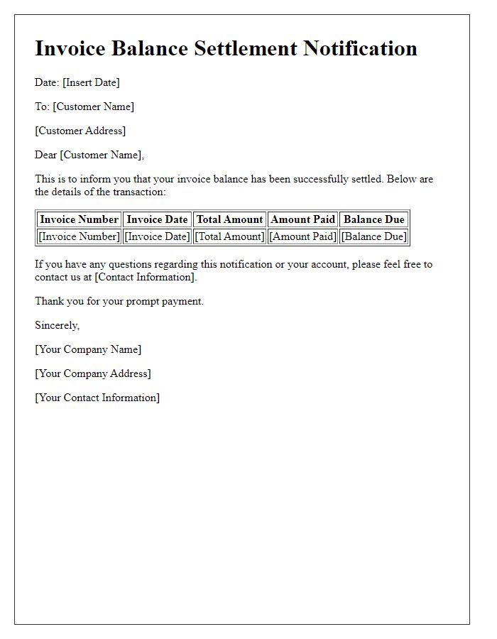 Letter template of invoice balance settlement notification.