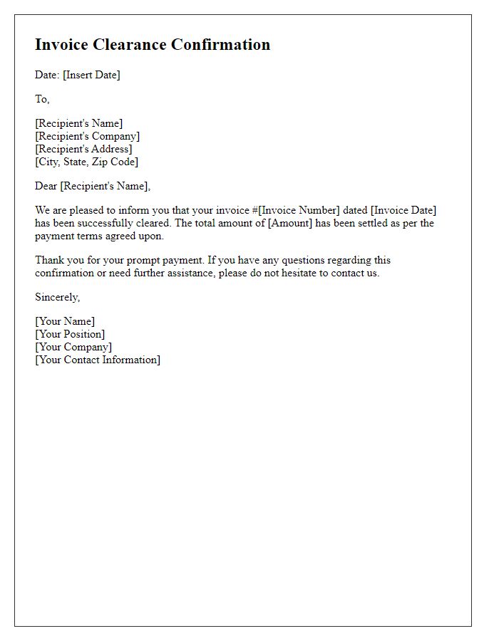 Letter template of invoice clearance confirmation.