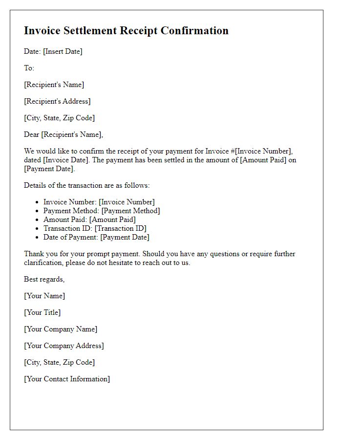 Letter template of invoice settlement receipt confirmation.