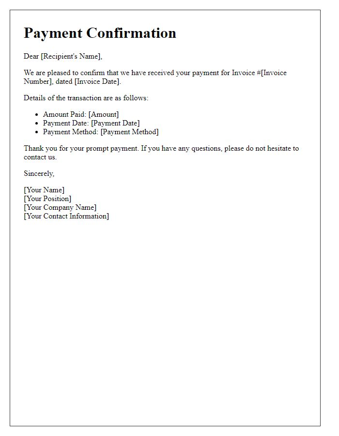 Letter template of payment confirmation for invoice.