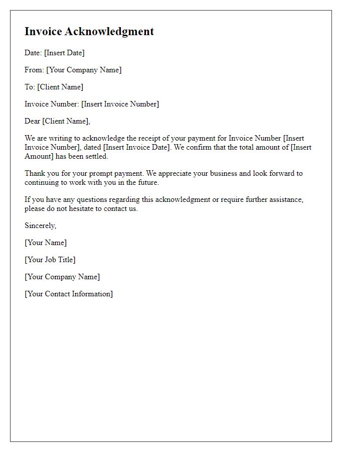 Letter template of settled invoice acknowledgment.