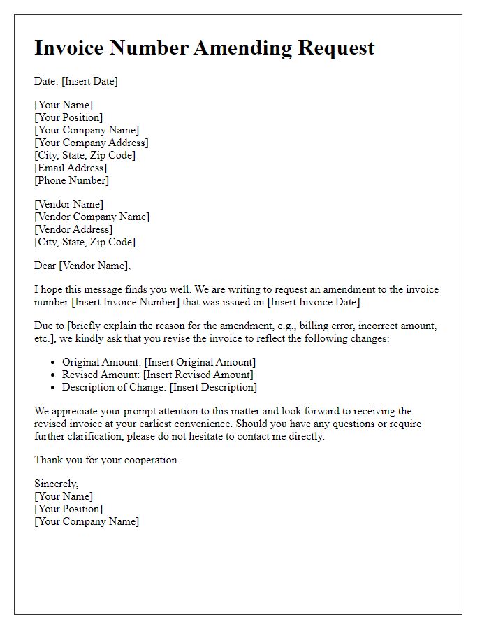 Letter template of Invoice Number Amending Request for Vendor Relations