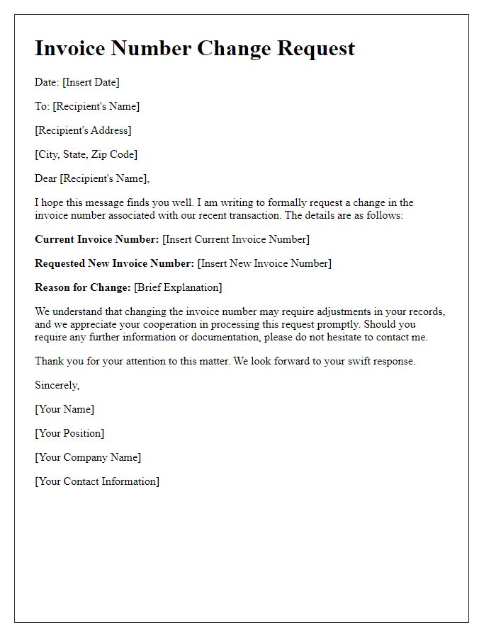 Letter template of Invoice Number Change Request for Payment Processing