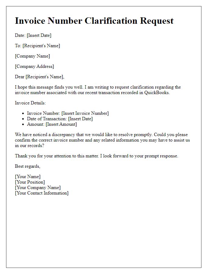 Letter template of Invoice Number Clarification Request for Quickbooks Integration