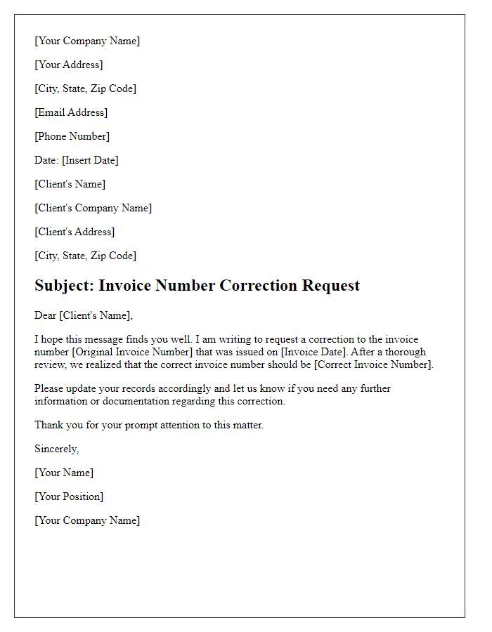 Letter template of Invoice Number Correction Request for Client Communication