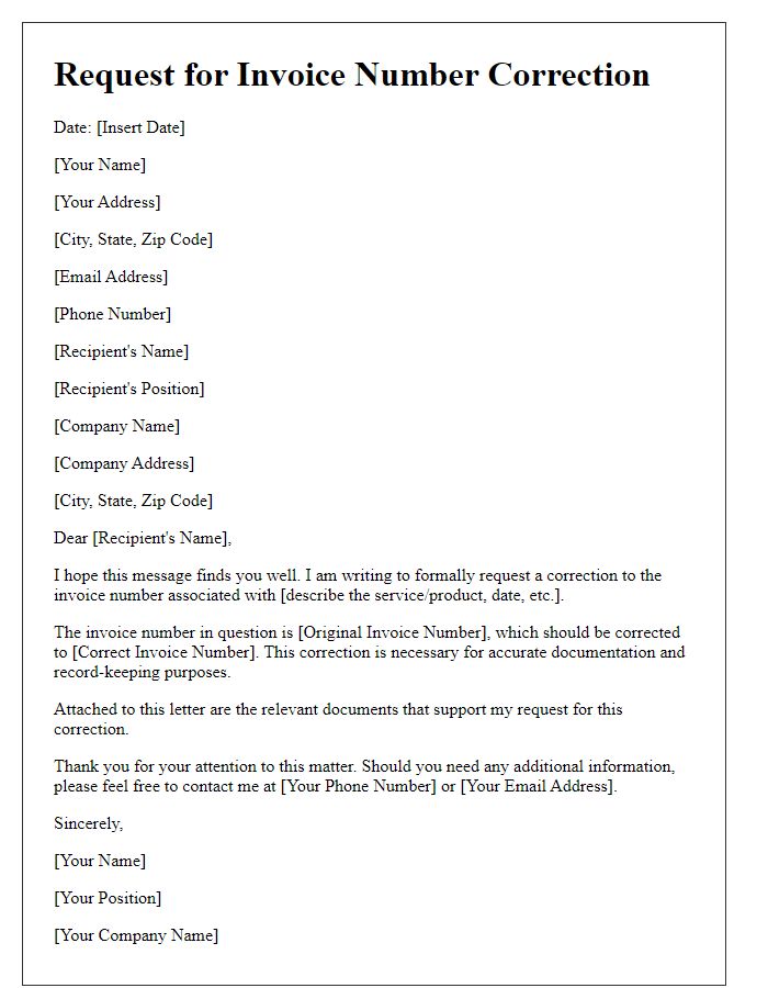 Letter template of Invoice Number Correction Request for Legal Documentation