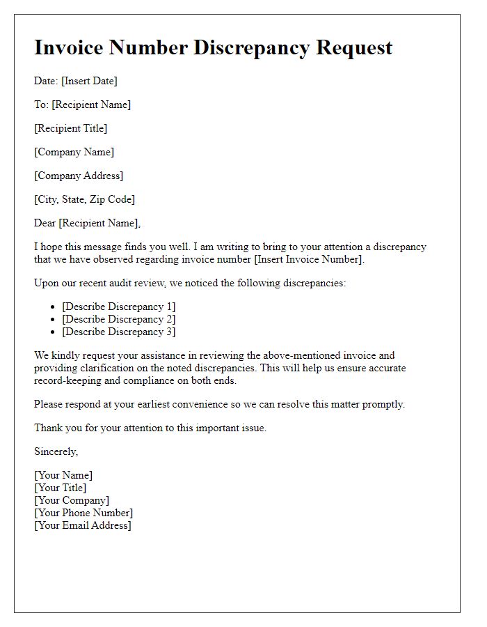 Letter template of Invoice Number Discrepancy Request for Audit Review