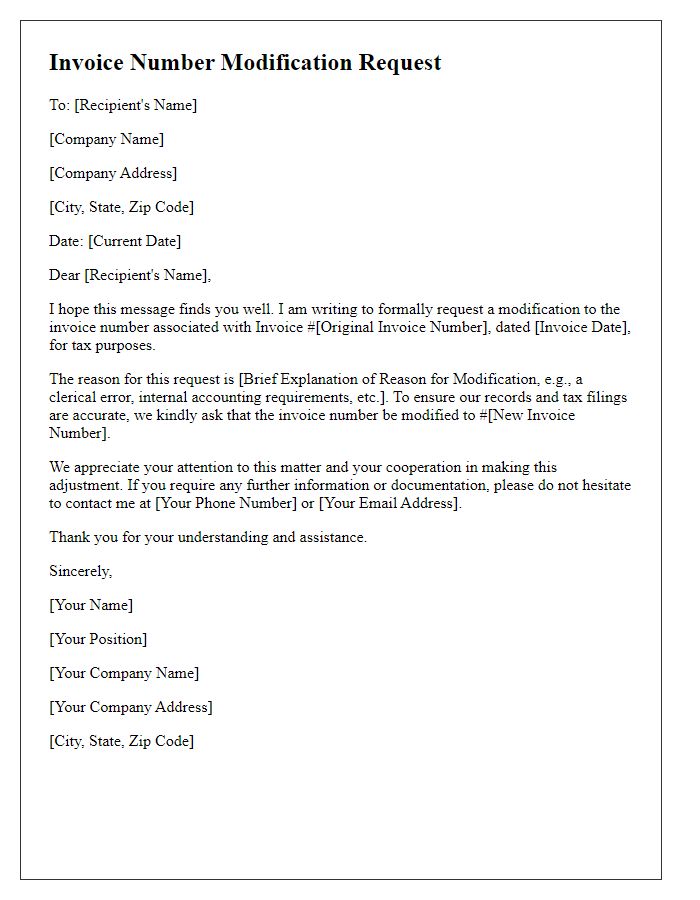 Letter template of Invoice Number Modification Request for Tax Purposes