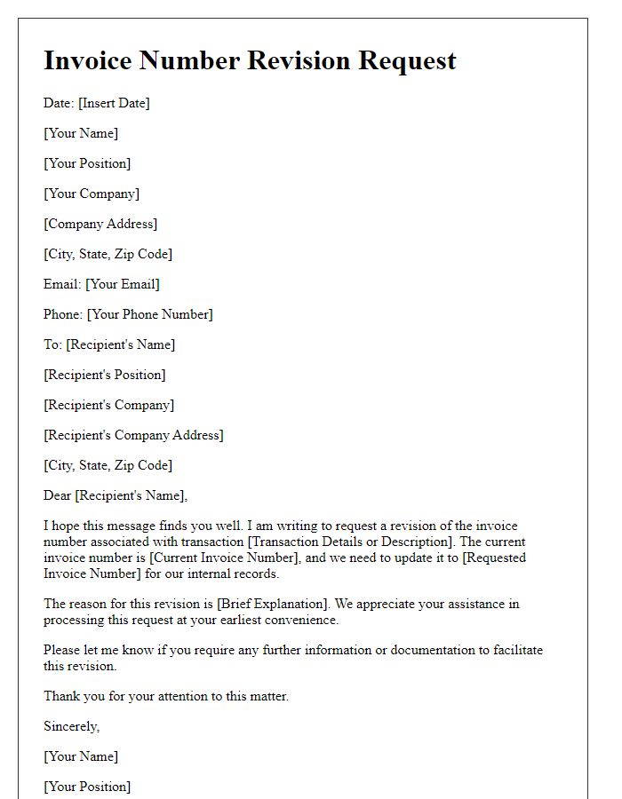 Letter template of Invoice Number Revision Request for Internal Records