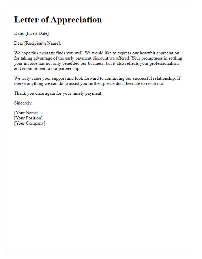 Letter template of appreciation for taking advantage of early payment discount