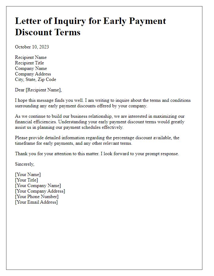 Letter template of inquiry about early payment discount terms