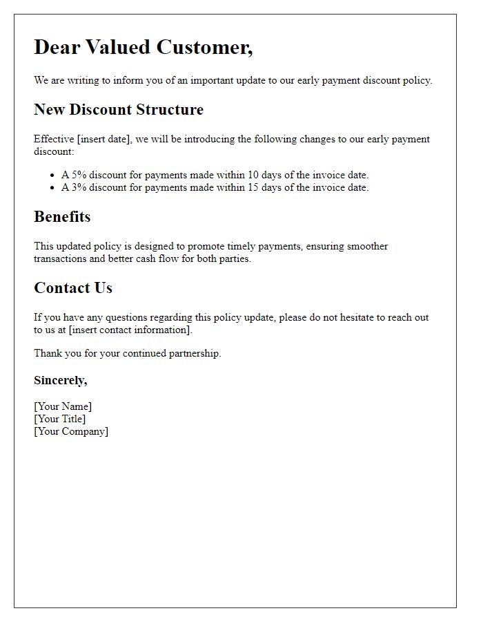 Letter template of update on early payment discount policy