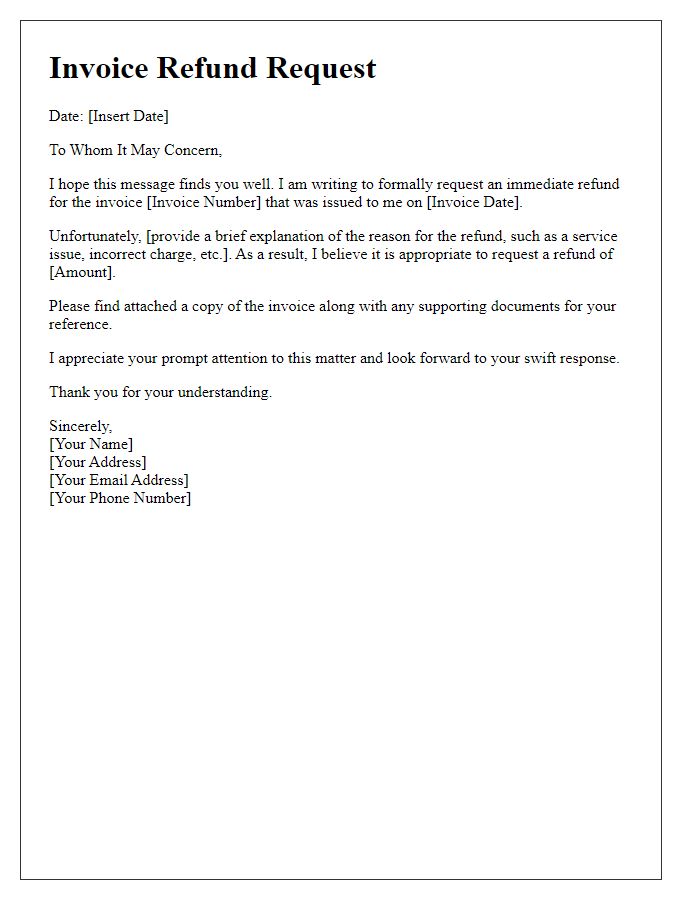 Letter template of immediate invoice refund request