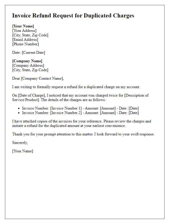 Letter template of invoice refund request for duplicated charges