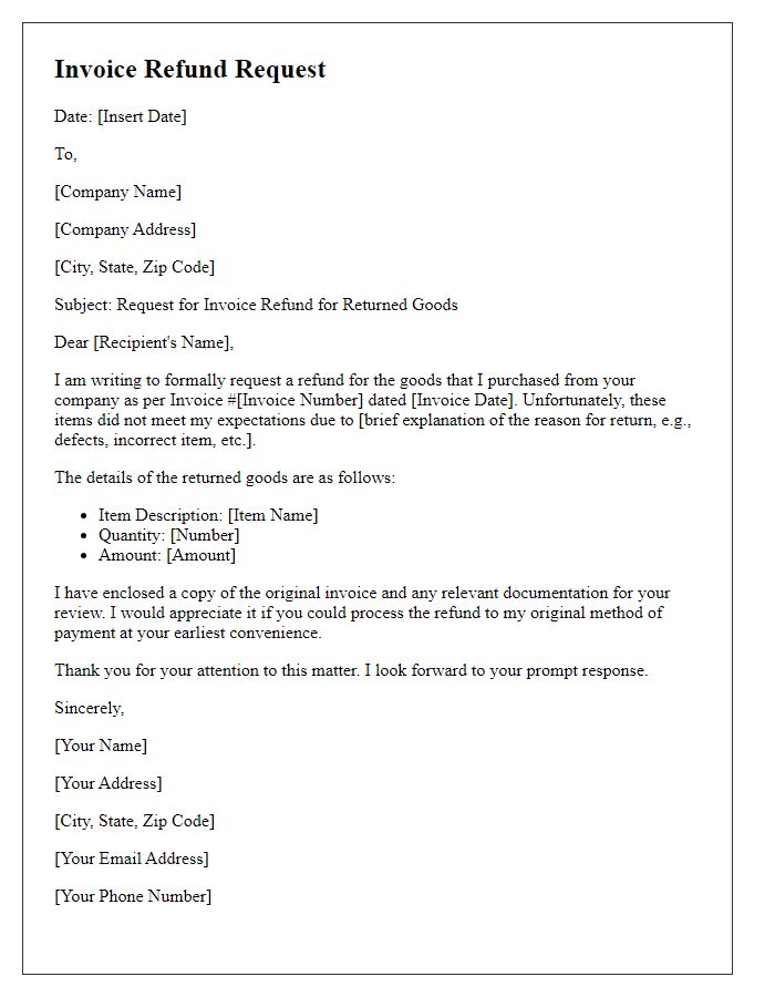 Letter template of invoice refund request for return of goods