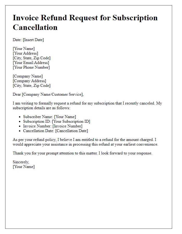 Letter template of invoice refund request for subscription cancellation